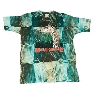 Vintage Len Rue Jr Masai Giraffe Tie Dye AOP Tshirt Single Stitch Size XL 90’s.